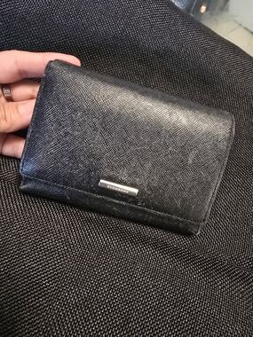 Burberry Black Leather Compact Wallet with Metal Logo Plaque